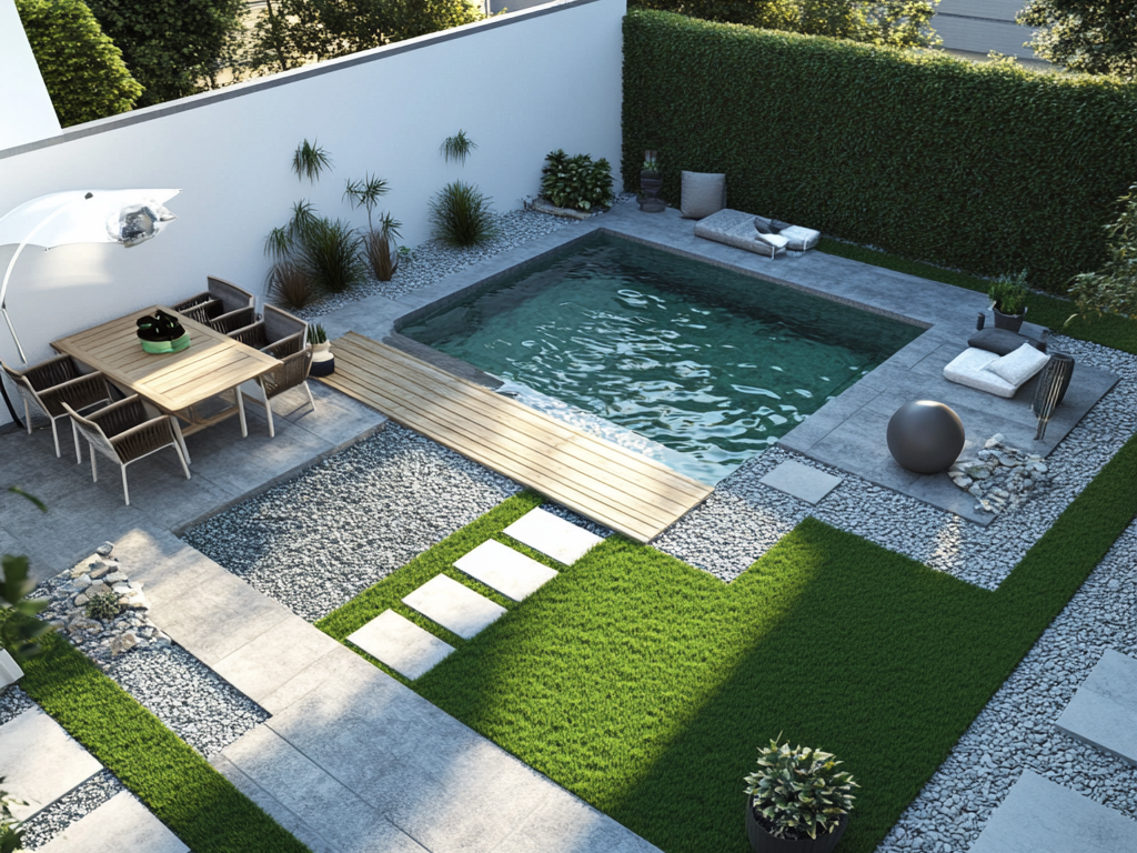 Diseño de jardín con piscina que crea una conexión armoniosa entre el interior y el exterior.