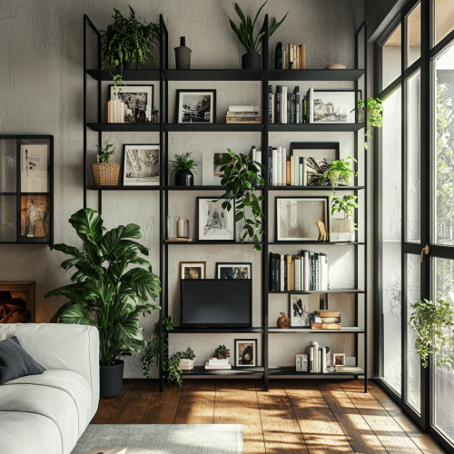 Las estanterías con estilo y funcionalidad crean espacios organizados y visualmente equilibrados, combinando almacenamiento y diseño en una sala moderna